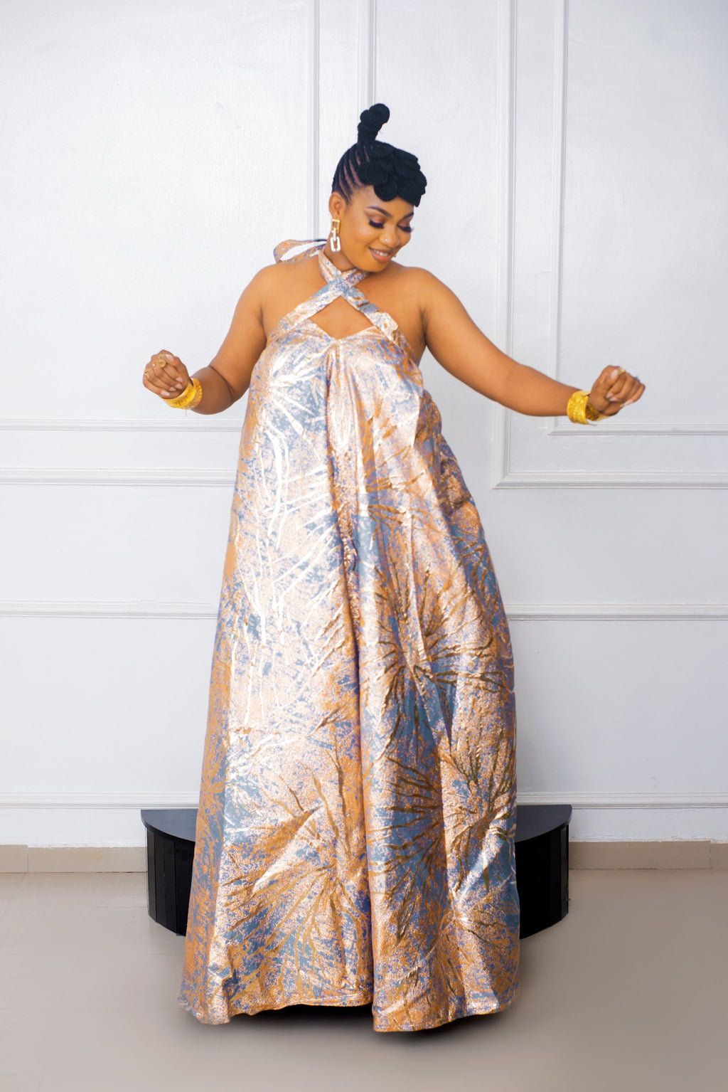 Lux Metallic Halter-Backless Maxi Dress