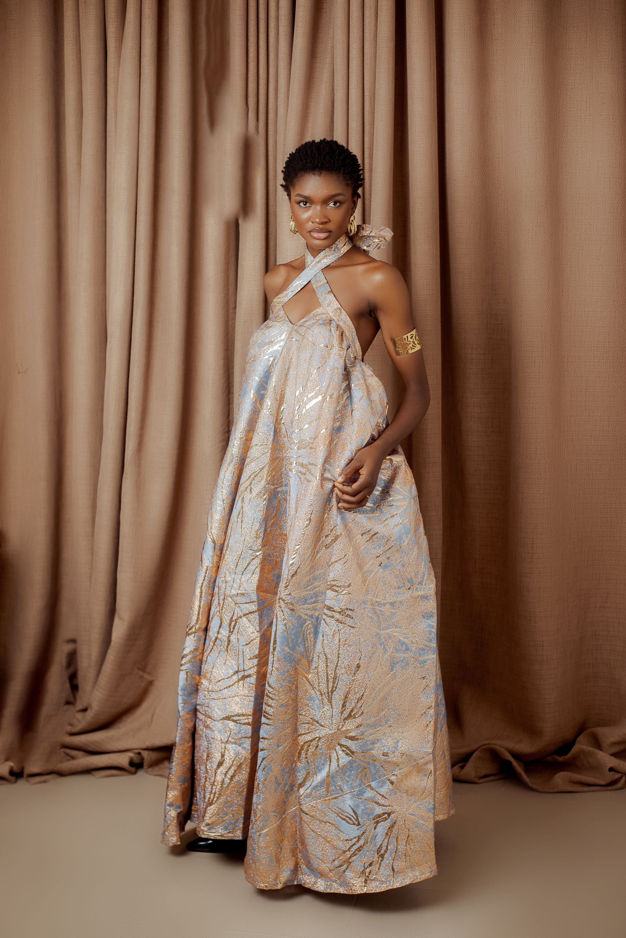 Lux Metallic Halter-Backless Maxi Dress