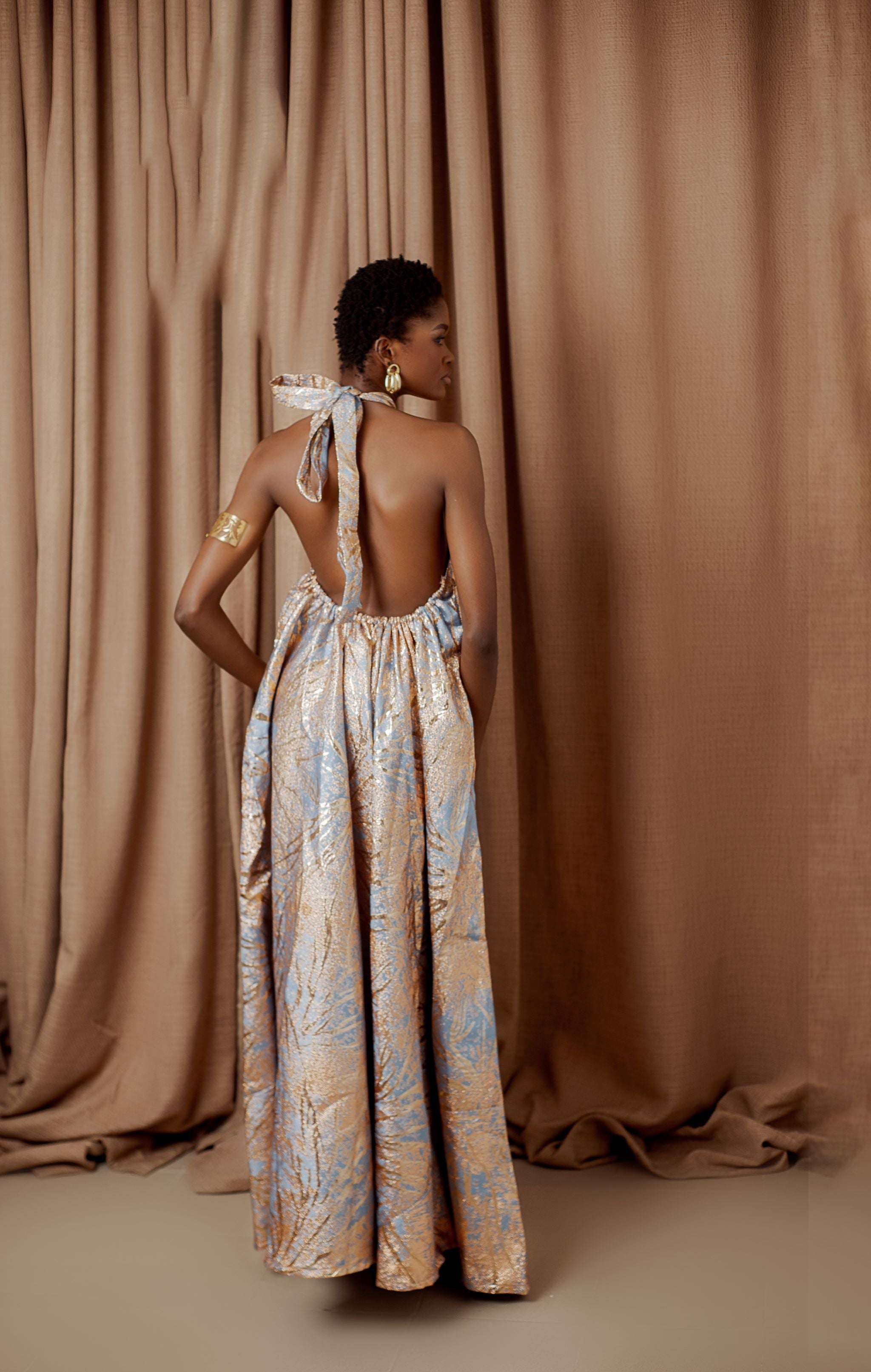 Lux Metallic Halter-Backless Maxi Dress