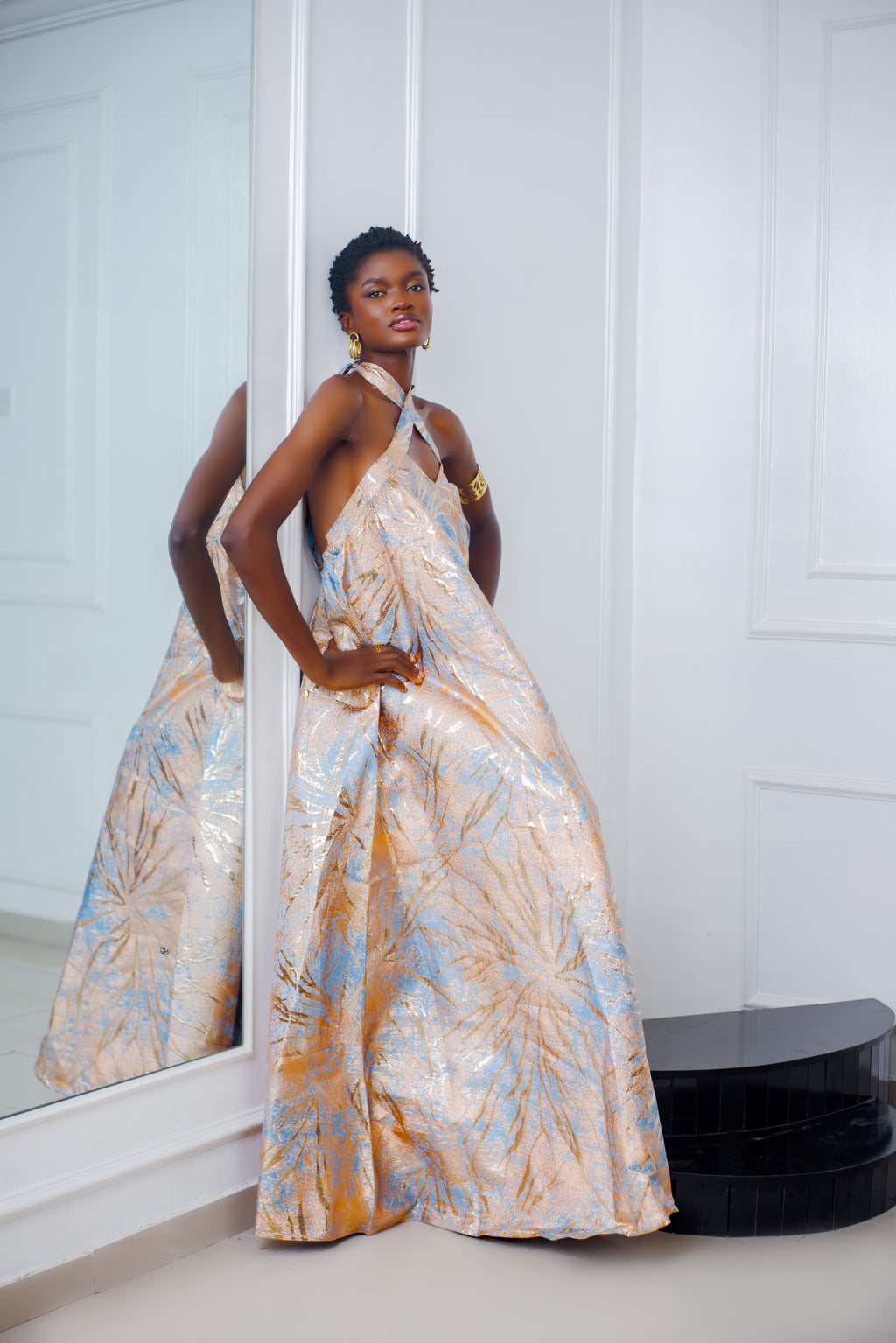 Lux Metallic Halter-Backless Maxi Dress